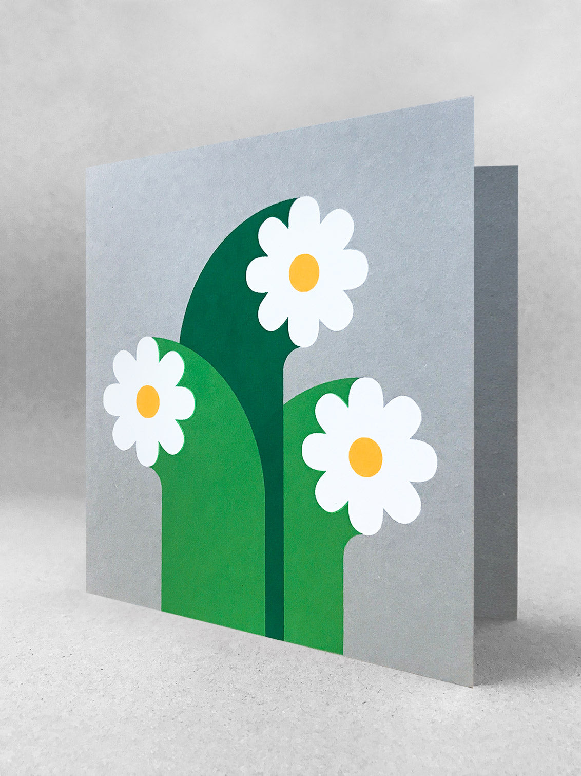 Three white flowers with graphic wide stalks and golden yellow circle centres, screenprinted onto grey card, stood slightly open in a light grey studio shot.