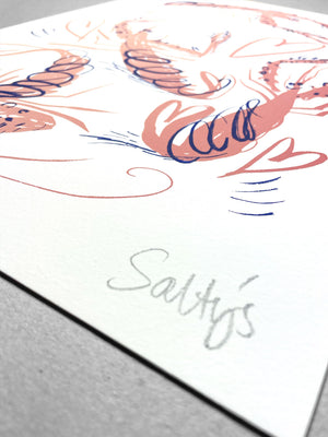 Close up of a Salty’s pencil signature, in the bottom right corner of every print. Also in shot is a pink cartoon langoustine and a heart in pink, with blue extra lines for movement,  