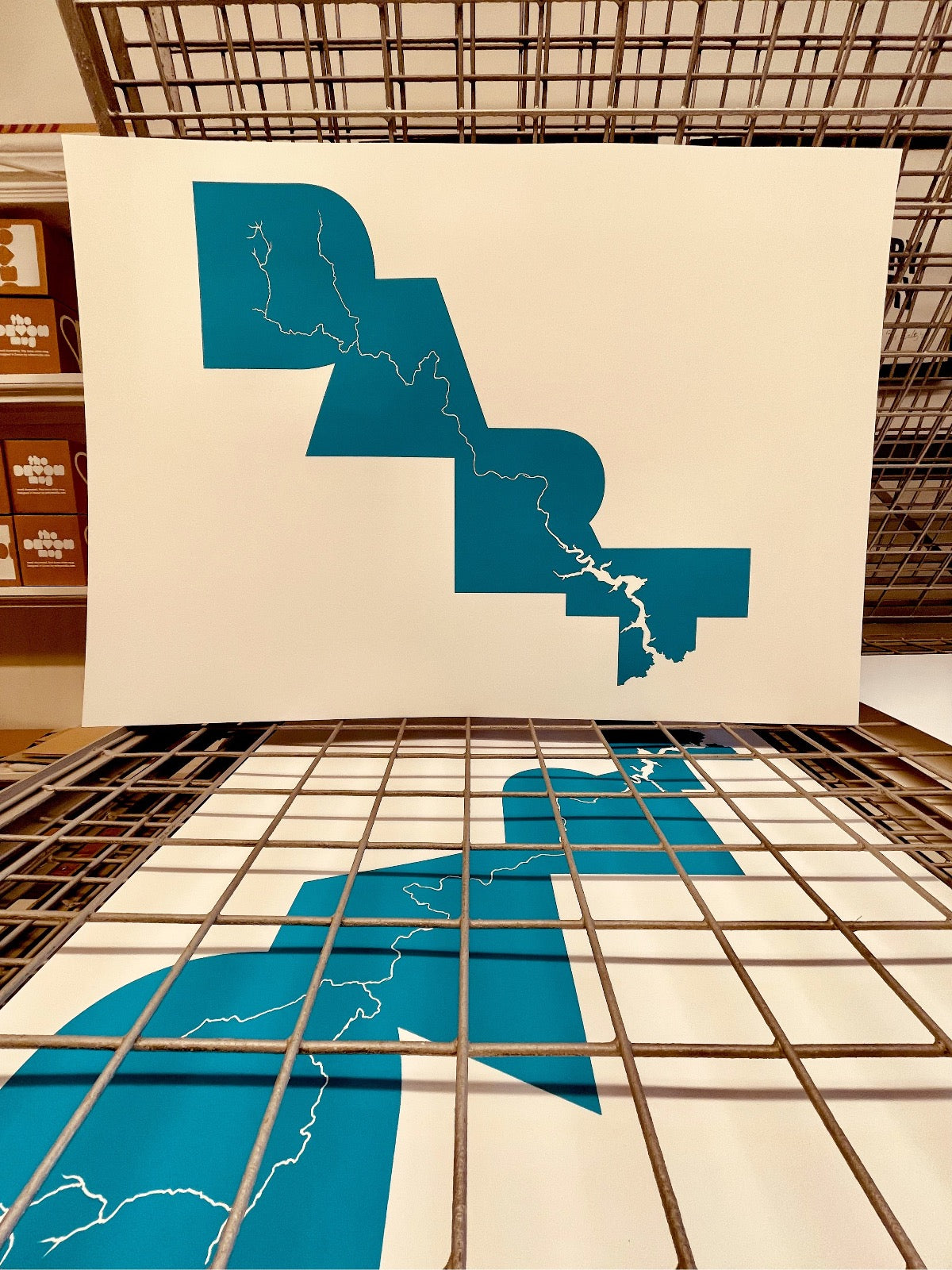 A2 white paper stood up on a mesh drying rack, shows a screenprinted design in teal blue ink - depicting the word DART diagonally placed from top left to bottom right - and the shape of the river (Dart) winds it way through the typography. Another print can be seen in the rack below the mesh.