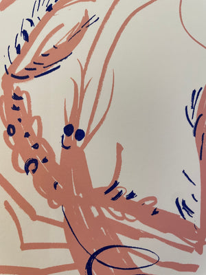 Close up of a screenprinted langoustine’s face, salmon pink body and blue eyes, smiley face and bits. 
