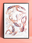 Four pink cartoon langoustine are flung into a frenzied swirl, with hearts and scribbles making this a joyful scene, screenprinted in pink with blue accents. In a thin black frame, resting against a pink backdrop